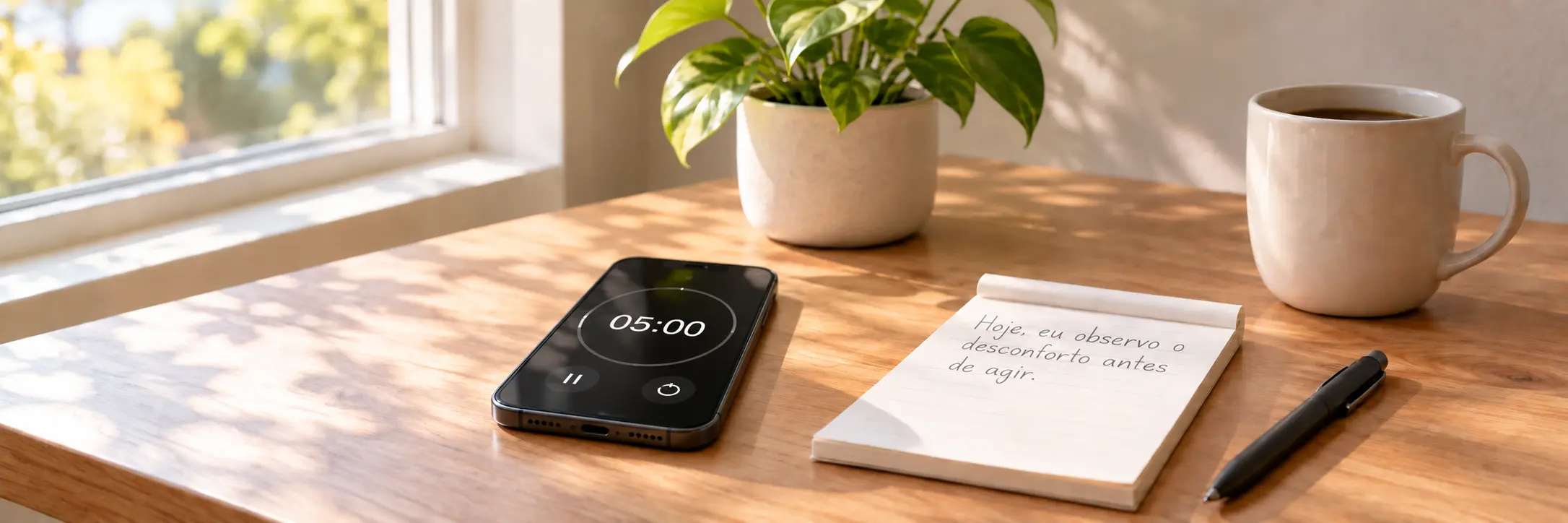 como se valorizar na prática: celular com timer de 5 minutos, bloco de notas, caneca e planta sobre a mesa